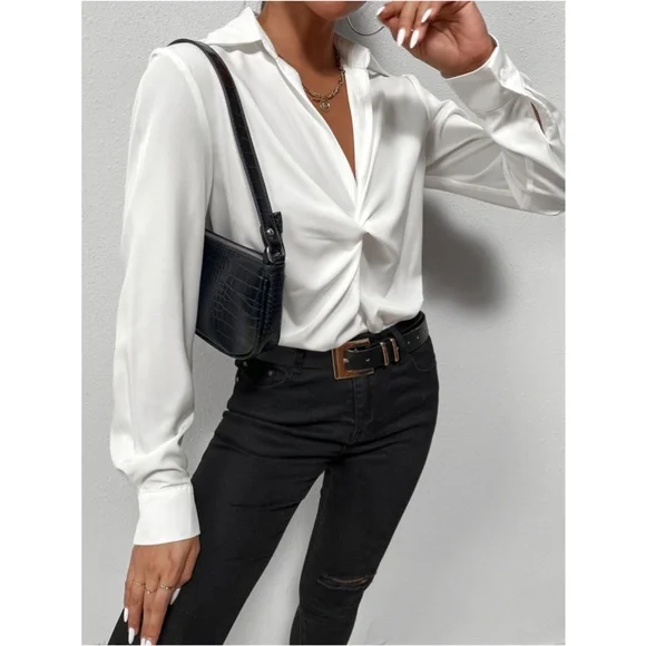Twist Front White Office Shirt Long Sleeve Collar Neckline V-Neck - Picture 4 of 10